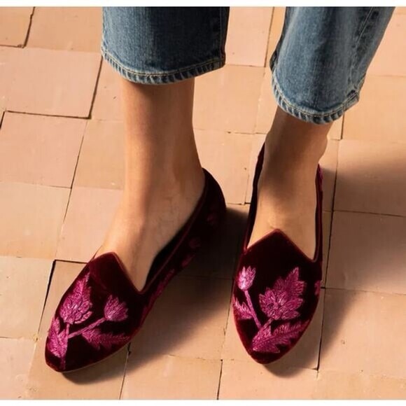 Birdies Shoes - Birdies Heron Embroidered Flat in Crimson Velvet, featuring metallic floral